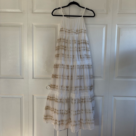 Aerie Maxi Sun Dress Tiered S White Nude‎ Tie Dye  Cotton Lined Vacation Coastal - Picture 2 of 13